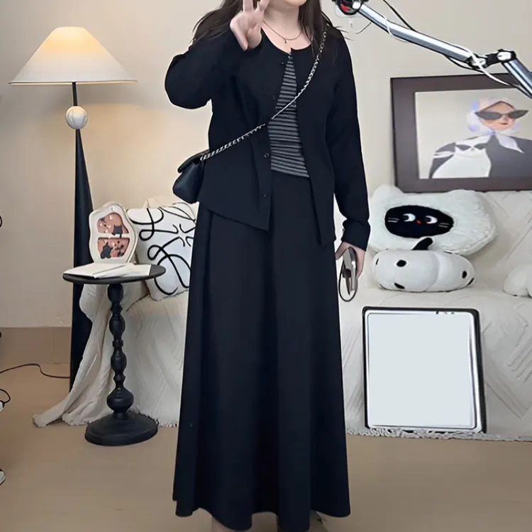 2025春秋新款条纹吊带长袖开衫外套上衣女高腰高级感半身裙三件套