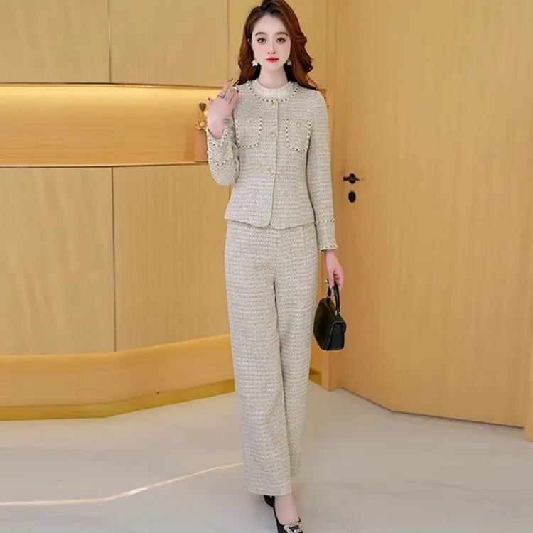 美曦小香风外搭休闲套装女2025新款春秋穿搭一整套直筒裤三件套潮