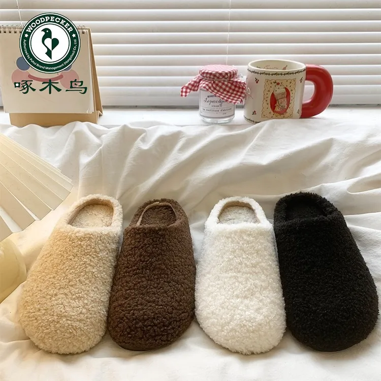 啄木鸟毛绒包头半拖鞋女外穿秋冬季厚底舒适百搭加绒毛毛勃肯棉拖