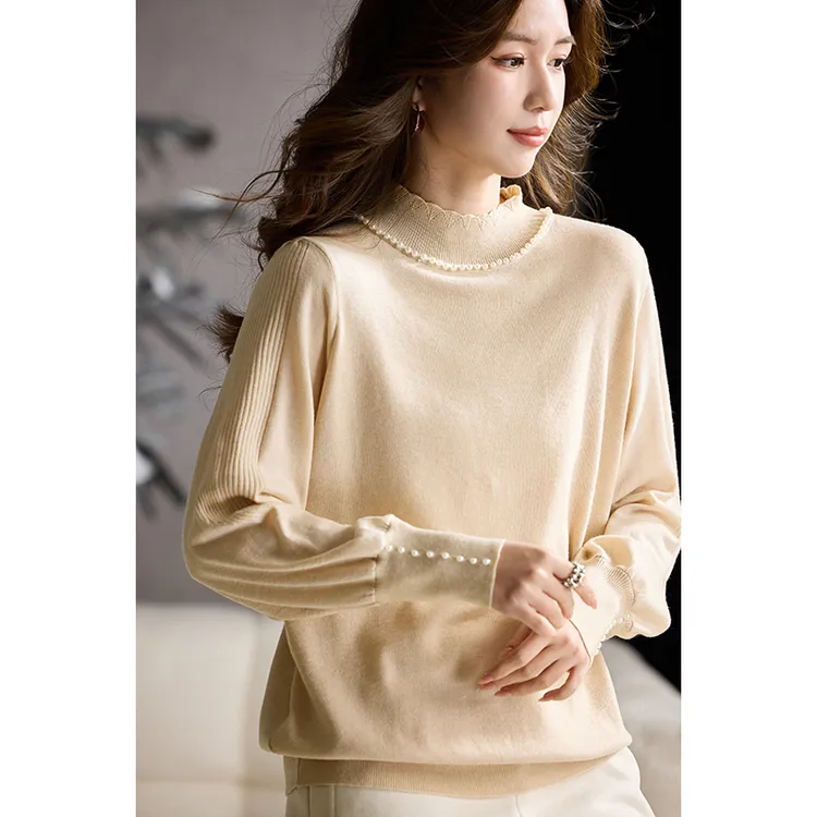 DUCURNO半高领钉珠针织衫女秋冬2025新款慵懒风宽松休闲打底毛衣