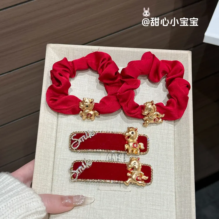 马年头饰2026本命年新年红发夹头绳发饰发绳生肖侧边夹刘海夹发圈