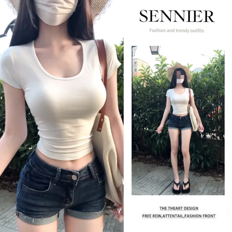 今年流行穿搭一整套2025新款简约修身短款T恤辣妹牛仔短裤两件套