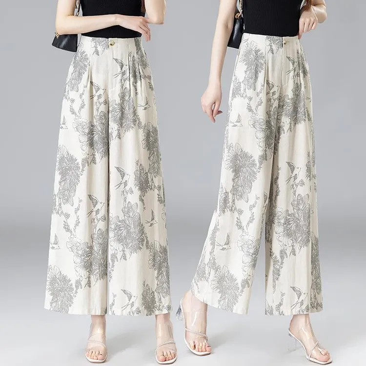 冰丝杏色国风印花阔腿裤女薄款2025夏季新款亚麻裙裤休闲八分裤子