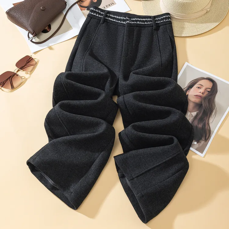 拉夏贝尔设计感时髦爆款休闲裤女2025秋冬新款垂感高腰保暖阔腿裤