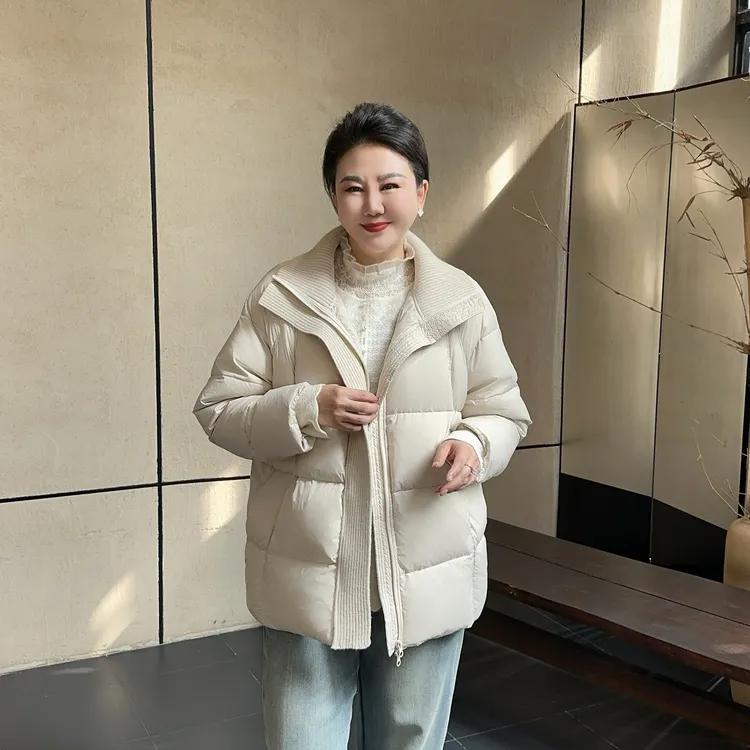 微胖女装【御寒搭子】50白鸭绒毛织拼接翻领泡芙外套羽绒服锁温618