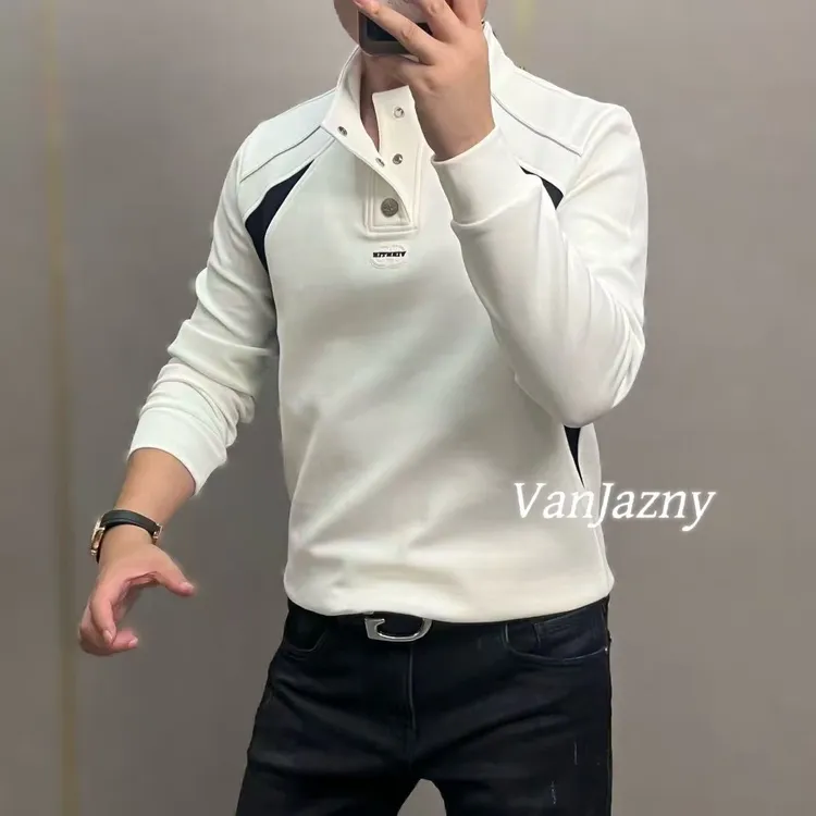 【VanJazny】新款高端男士休闲撞色拼接立领纽扣卫衣9039