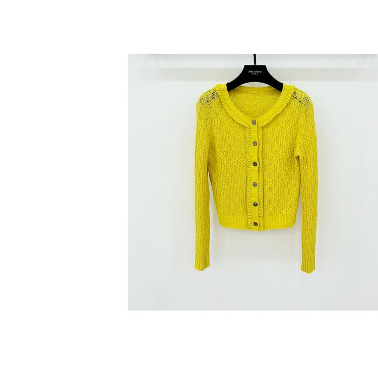 【D•er】春夏百搭小香风黄色镂空木耳边针织开衫
