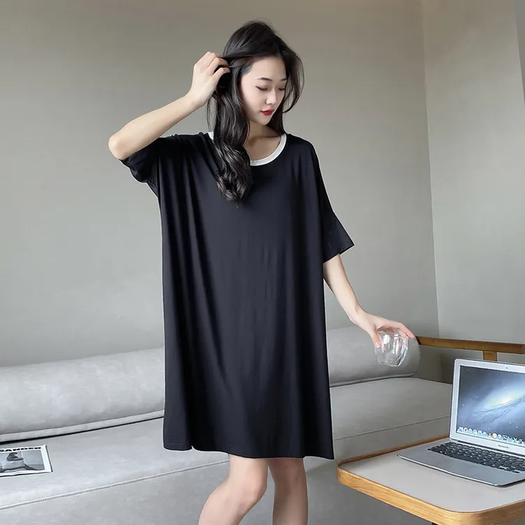 短袖圆领九分袖中长裙大码连衣裙斜肩夏季初恋风痞帅