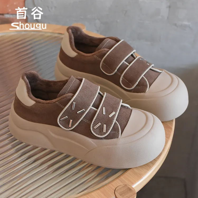 shougu/首谷2025冬季新款加绒厚底面包鞋女魔术贴休闲百搭板鞋潮