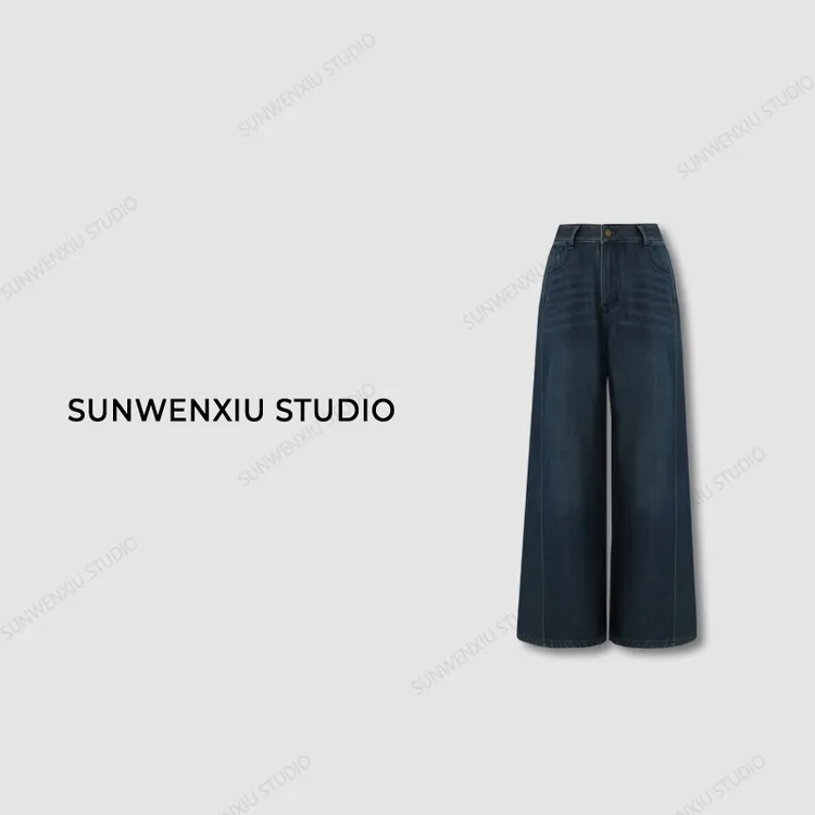 swx studio5店 “腿精” 秋冬高腰水洗做旧阔腿磨毛牛仔裤