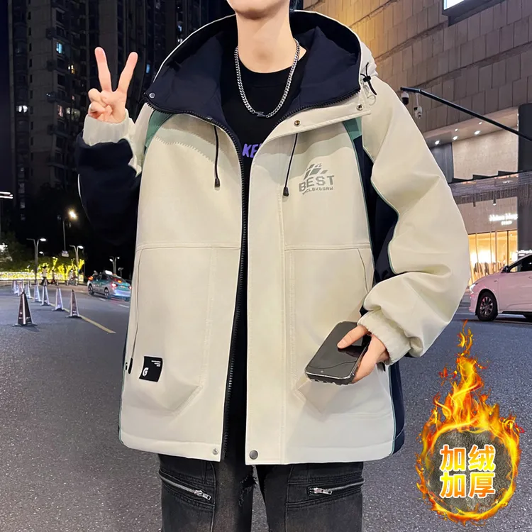 休闲宽松冲锋夹克秋冬新款美式男生潮流百搭加绒加厚连帽外套上衣