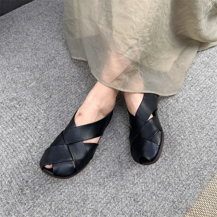 双交叉带单鞋透气镂空包头单鞋女平底2025年新款包头真皮夏季女鞋