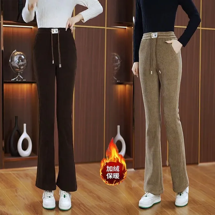 加绒微喇裤女秋冬2024新品今年流行裤子松紧高腰加厚喇叭裤