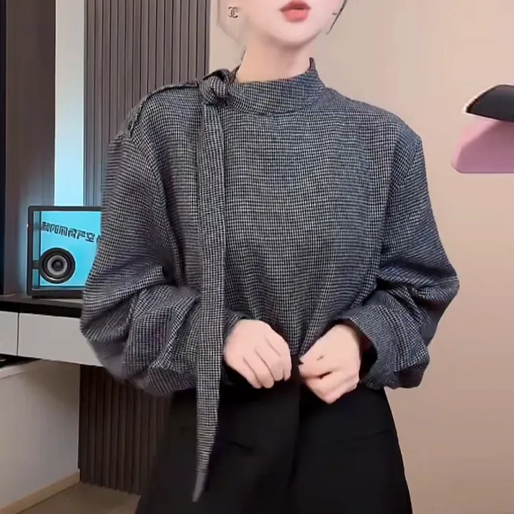 韩系复古简约半高领飘带气质百搭格子长袖衬衫女春秋新款显瘦上衣