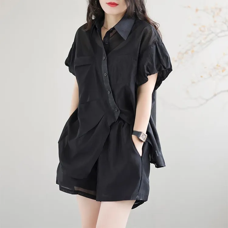 复古文艺女装2025夏季新款小众个性宽松高级感衬衫裤子两件套