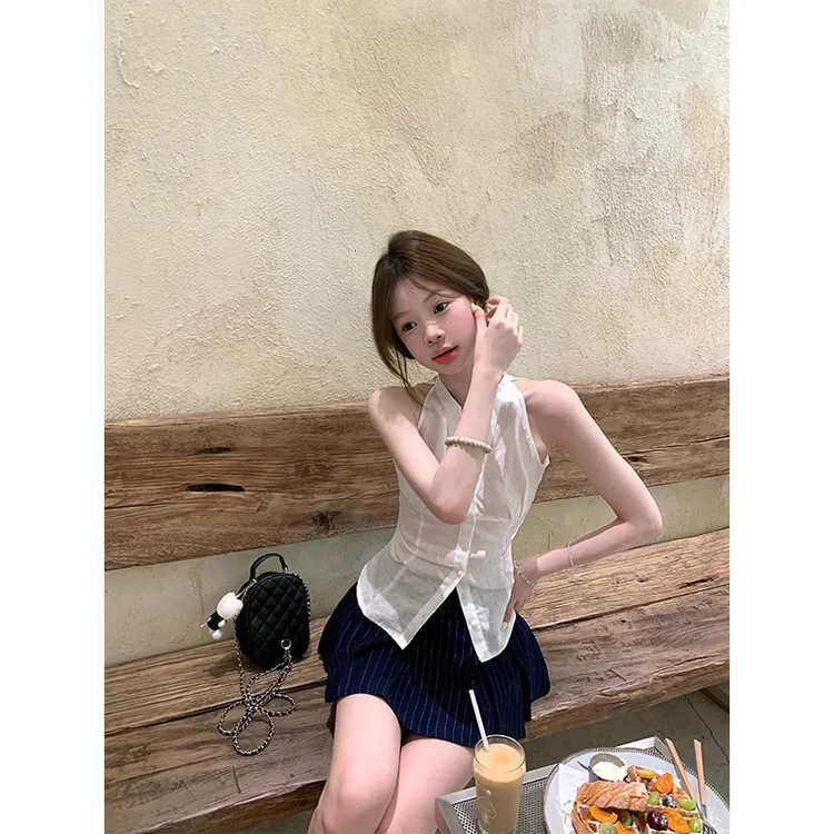女生韩系ins衣服纯欲风挂脖露背衬衫上衣高腰条纹半身裙百褶短裙