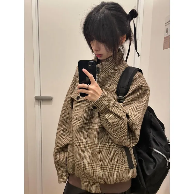 千鸟格哈灵顿羊毛夹克男秋冬款高级感短款立领cleanfit外套