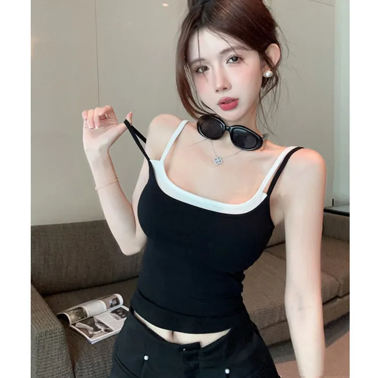 美式假两件黑色小吊带背心女外穿夏内搭泰式甜辣吊带上衣假两件