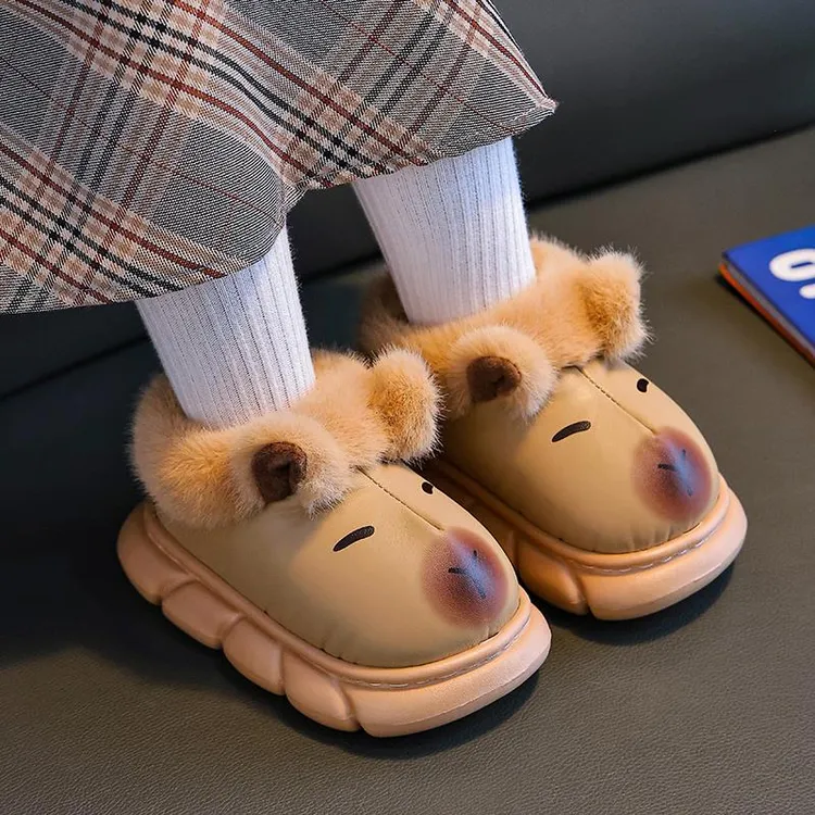 卡皮巴拉儿童棉鞋秋冬季男童EVA皮面防水小孩居家宝宝包跟棉拖鞋