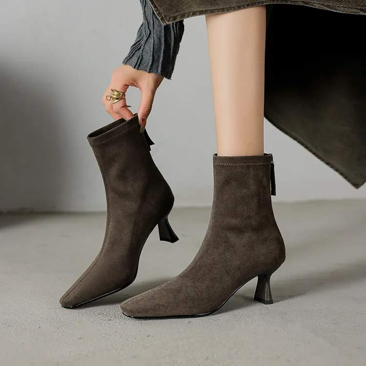 6cm法式高跟纯色弹力靴不累脚高跟靴方头短靴简约绒面细跟瘦瘦靴