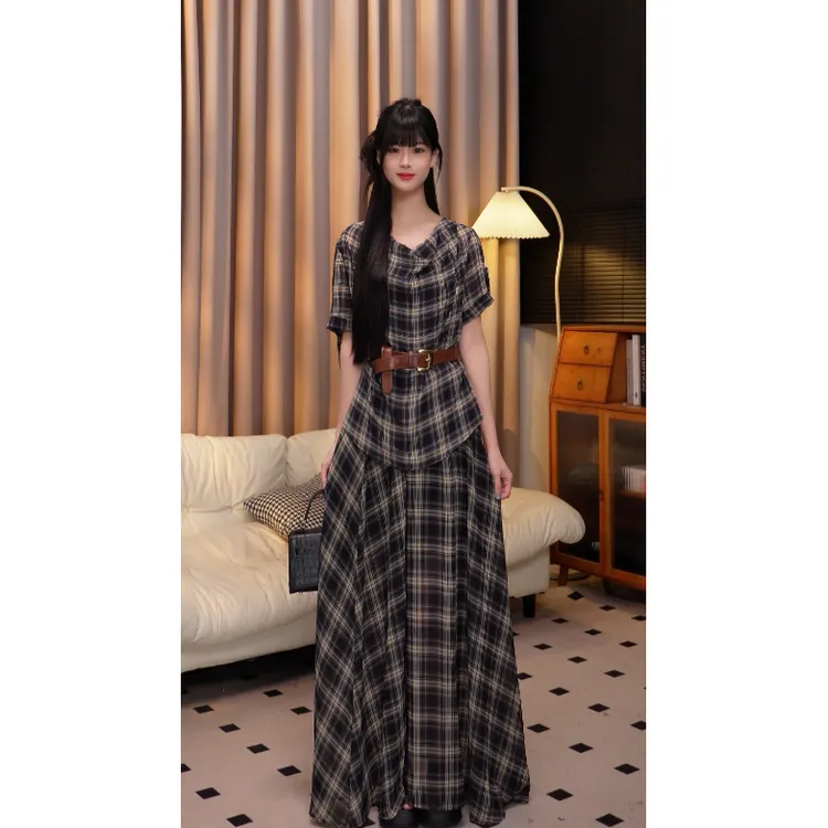 【XIAOLIIN】老钱风荡领短袖吊带背心女韩系复古高腰格纹半身裙套装