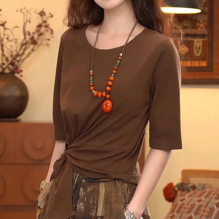 法式咖色抽褶半袖t恤女夏季2025年新款休闲时尚百搭宽松圆领上衣