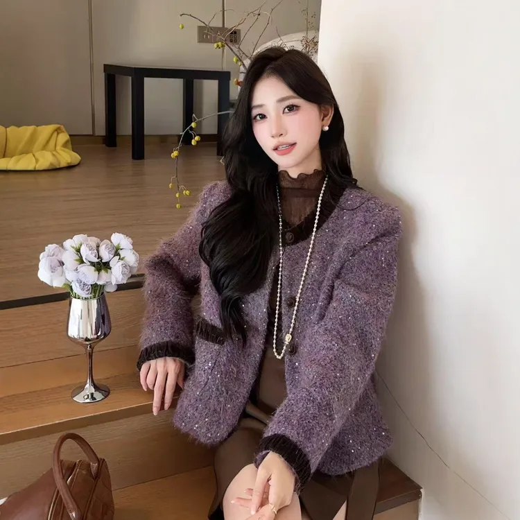 法式名媛气质高级感紫色小香风外套女秋冬新款韩系小个子加棉上衣