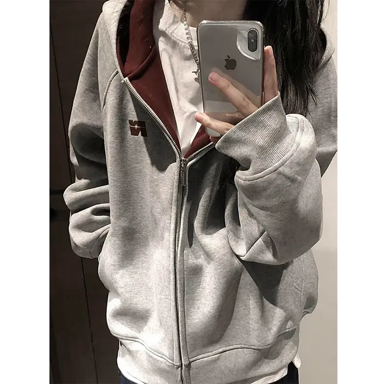 美式撞色刺绣连帽卫衣男女款潮牌双拉链短款开衫外套情侣休闲上衣