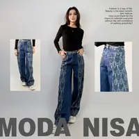 MODANISA品牌印花蓝色民族风牛仔裤直筒阔腿加长款-150-36-