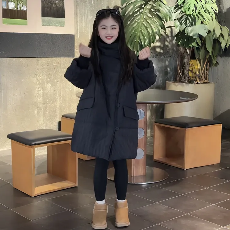女童棉服外套冬季新款时尚设计褶皱休闲韩范中长款棉衣
