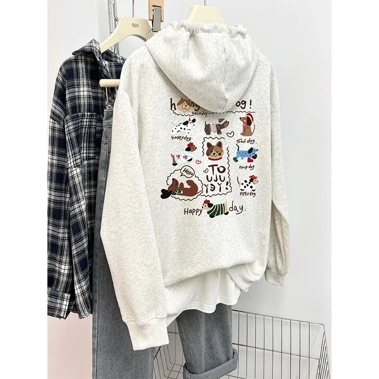 白灰色加绒连帽卫衣女韩系ins减龄卡通印花宽松潮牌百搭套头上衣