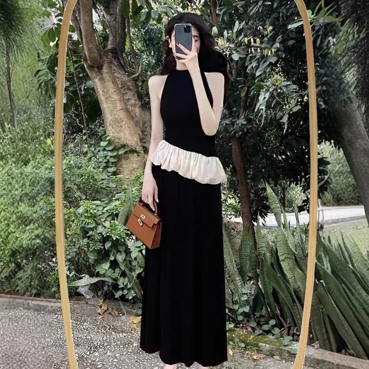 高级感套装荷叶边黑色背心女装夏季高腰半身裙长裙法式气质两件套