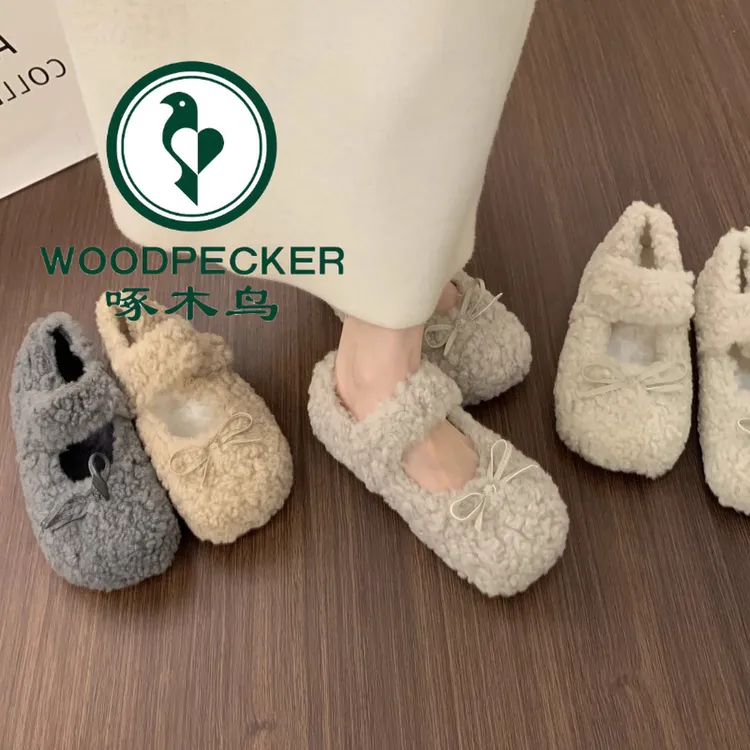 啄木鸟毛毛鞋女外穿2025秋冬季新款玛丽珍鞋蝴蝶结加绒保暖棉鞋子