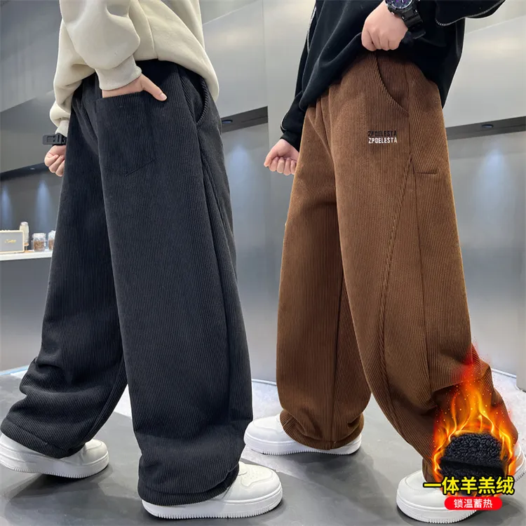 男童加绒裤子冬季儿童一体绒加厚保暖宽松长裤男孩条绒直筒休闲裤