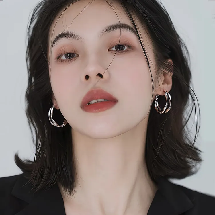 足银耳饰 999银针双层素圈耳环ins小众设计大耳圈女时尚个性饰品