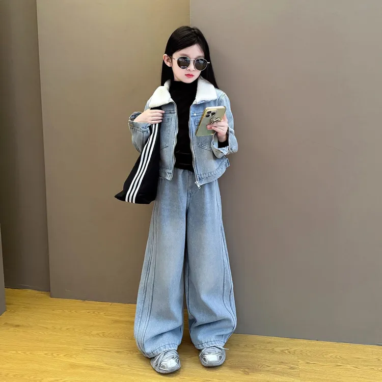 女童2025新款洋气秋冬季牛仔加绒套装中大童冬装韩版时尚新品潮酷