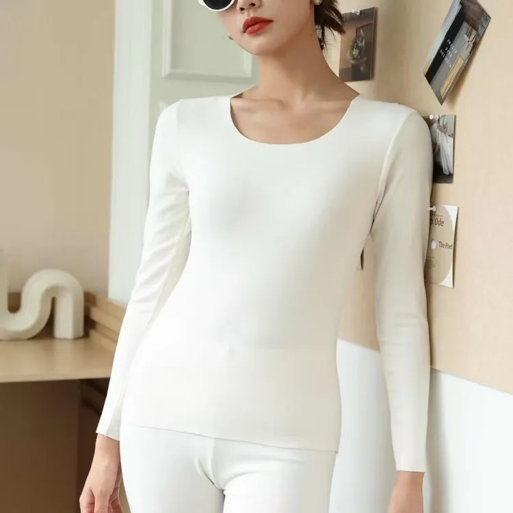 女士秋冬双面绒无痕保暖内衣打底修身圆领秋衣秋裤睡衣套装