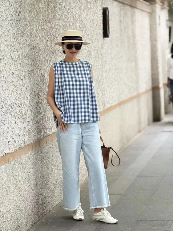 (YY推荐)休闲度夏 时尚百搭女士夏季格子无袖气质圆领女式上衣