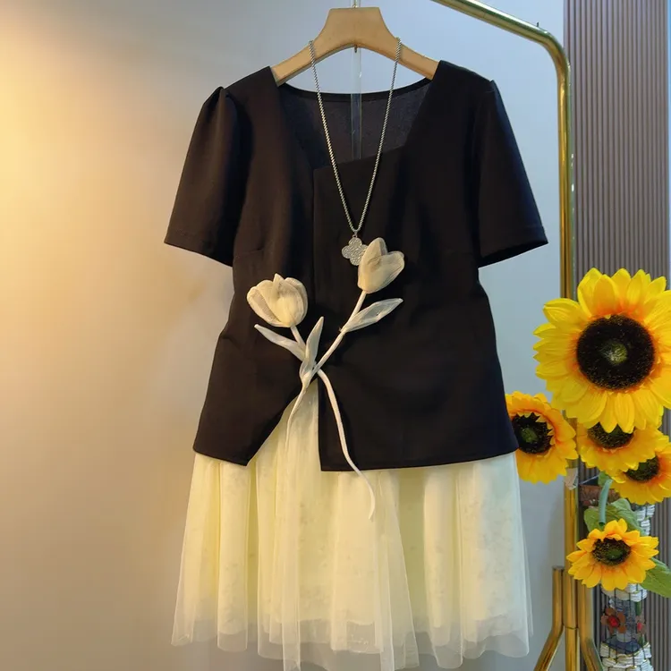 JP夏季新款短袖立体花朵半身裙两件套