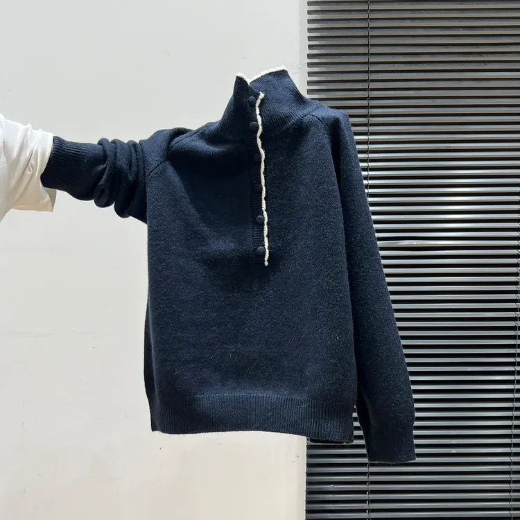 慵懒风半拉链立领加厚套头毛衣女2025秋冬季藏青色可外穿翻领上衣