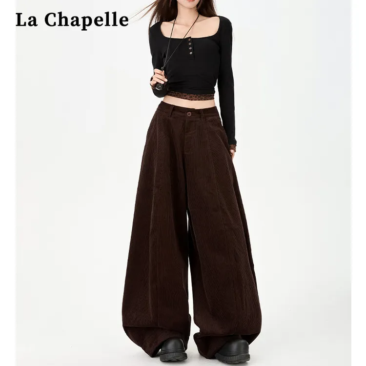 拉夏贝尔咖啡色复古灯芯绒阔腿气球裤冬季新款宽松高腰休闲拖地裤