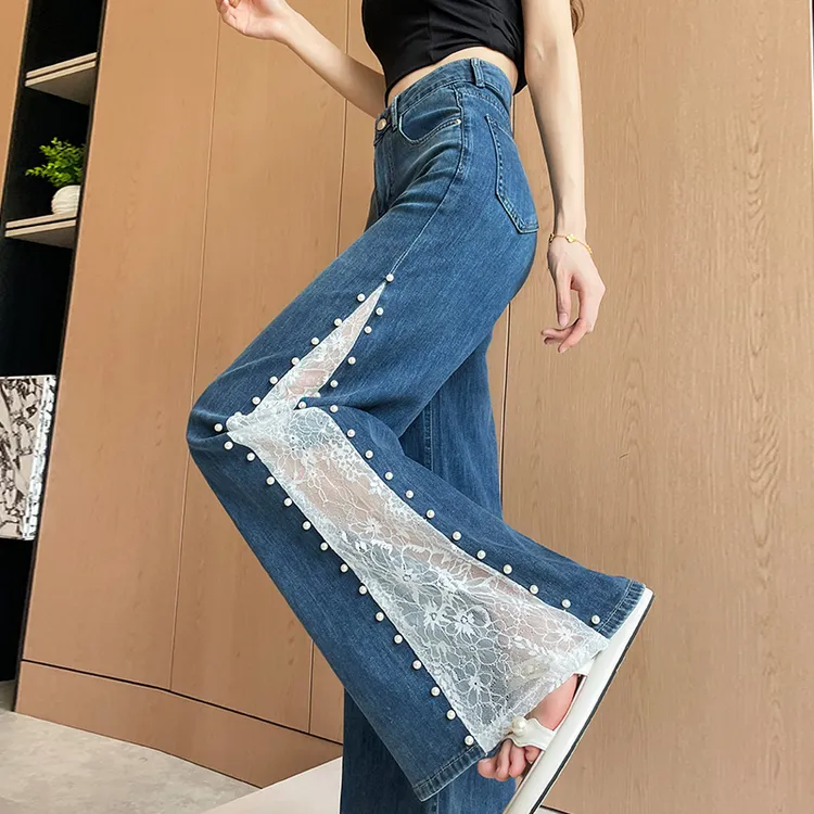 8089高腰弹力莱赛尔天丝蕾丝边设计阔腿喇叭裤显气质