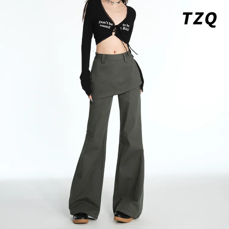 假两件设计感工装裤女爆款2025新款美式高腰显瘦微喇裤TZQ2511527