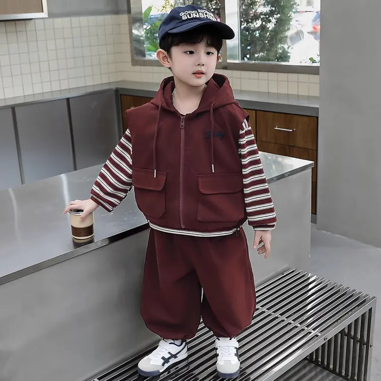 男童春秋季韩版套装2025新款儿童时髦马甲三件套男孩秋装洋气衣服