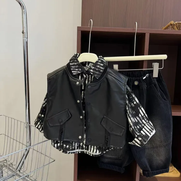 儿童皮衣马甲衬衫两件套春秋款2025新款宝宝春季男童痞帅潮童