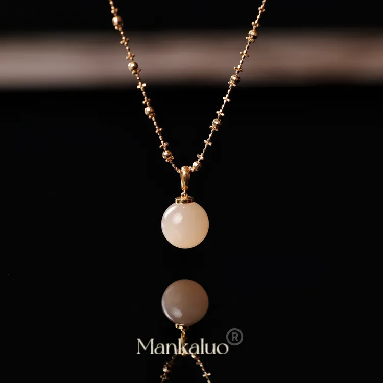 【今·夕】天然和田玉猫眼藕粉设计款时尚百搭18k金万能扣吊坠