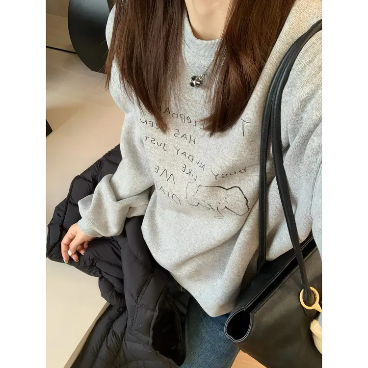 “大象卫衣”宽松加宝宝绒软乎乎灰色简约卡通卫衣长袖