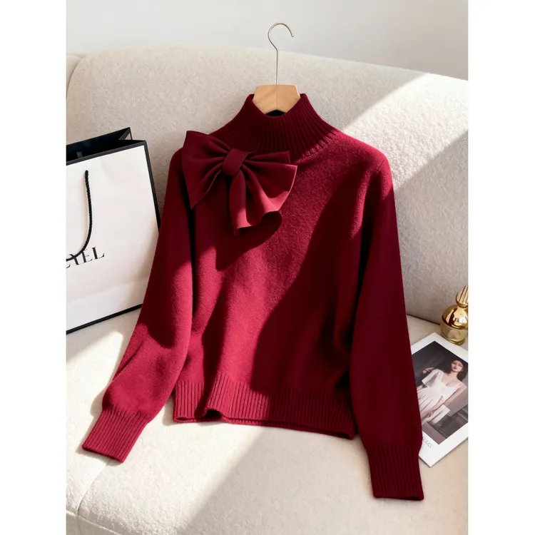 2025秋冬季新款韩版时尚慵懒风红色针织衫蝴蝶结独特气质宽松上衣