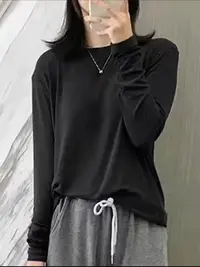 简约纯色长袖秋季内搭秋季女士透气V领T恤高领圆领