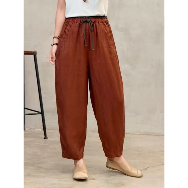 夏季新款100亚麻显瘦高腰哈伦裤文艺刺绣宽松休闲九分裤K5339